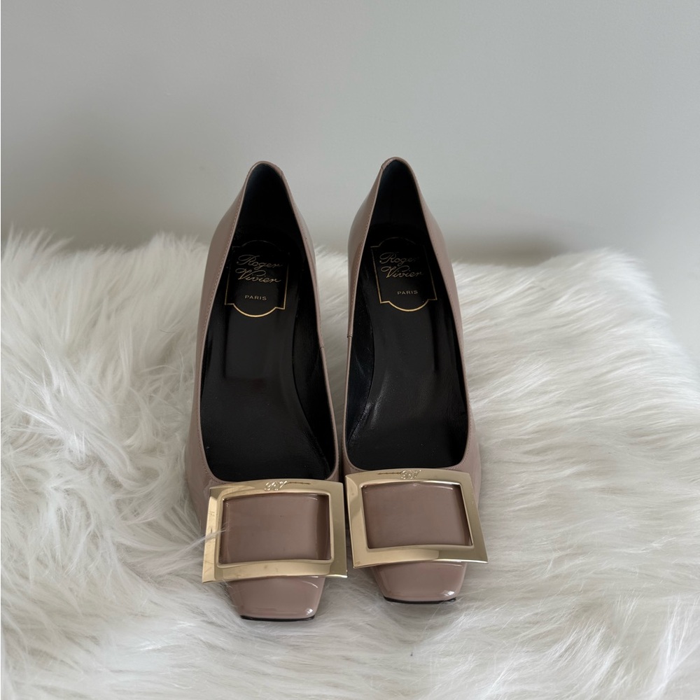 Roger Vivier Taupe Heeled Boots with Gold Buckle